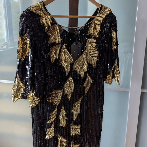 📼Stunning Vintage DOMINIQUE 3/4 sleeve sequin cascading leaf pattern dress - S - Picture 11 of 16